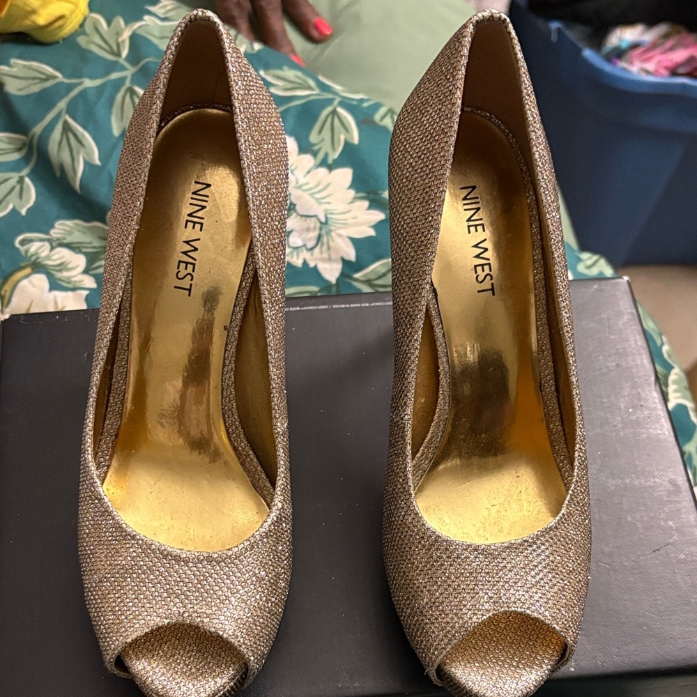 Nine West Shimmering Gold Peep Toe Heels